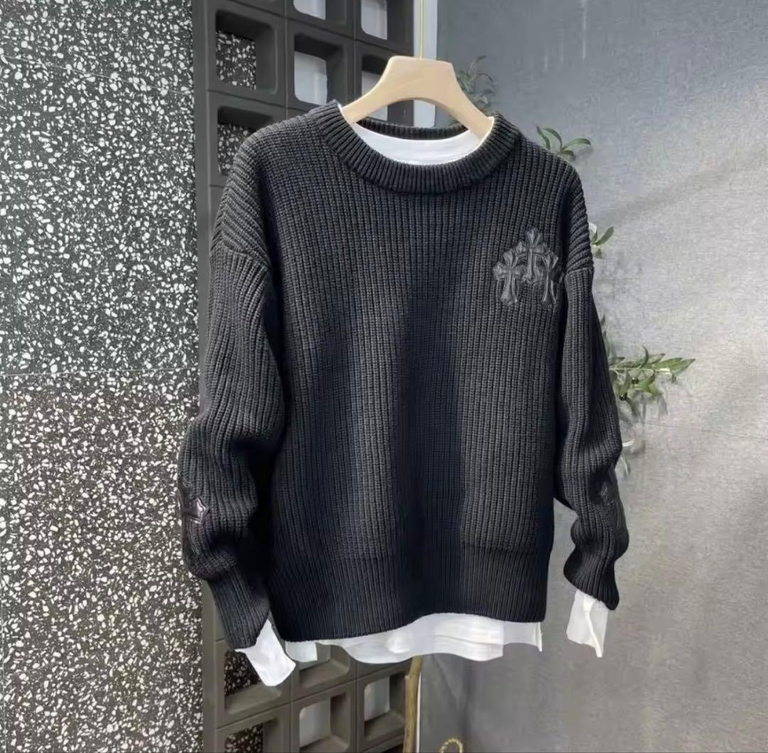 Chrome Hearts レザーパッチ ニット 黒 オーバーサイズ 男女兼用