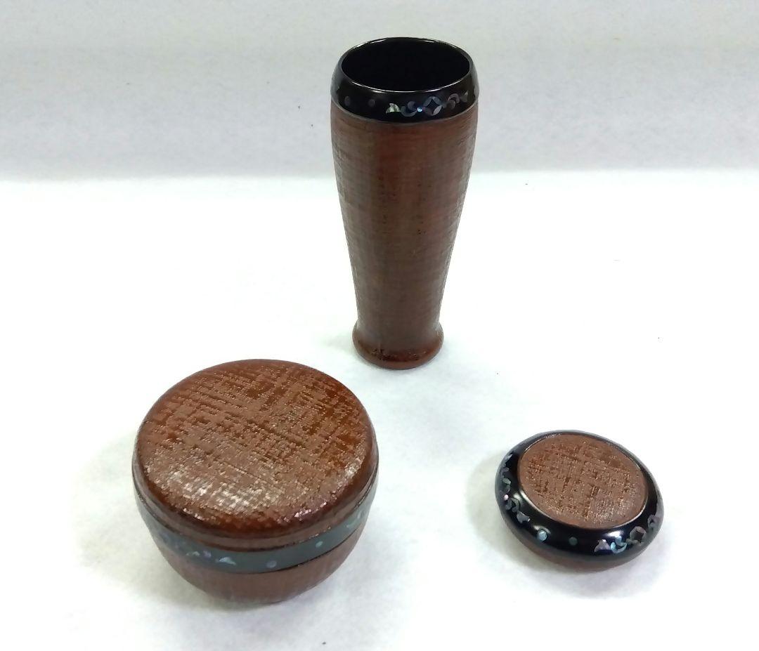 茶道具 茶箱 布摺 青貝七宝唐草 平安 忠斎 共箱 棗 香合 茶筅筒
