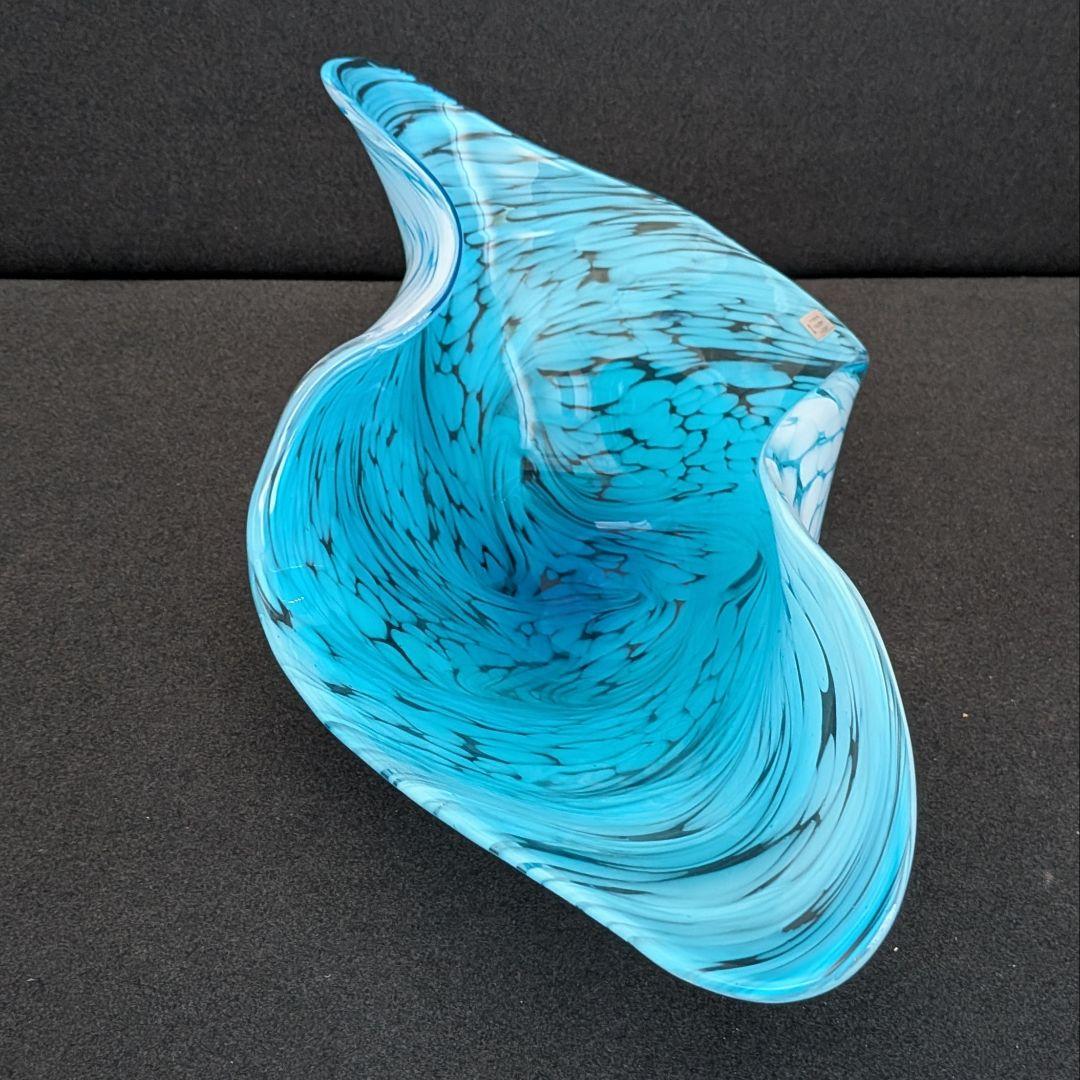 青色ガラス 水盤 花器 大型 48cm モダンアート ガラス工芸 一点物風