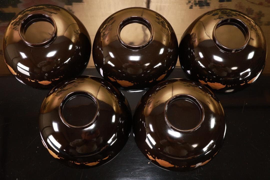 BJ119　時代輪島塗　図替わり　草花蒔絵　吸物椀　五客　木製 懐石 菓子