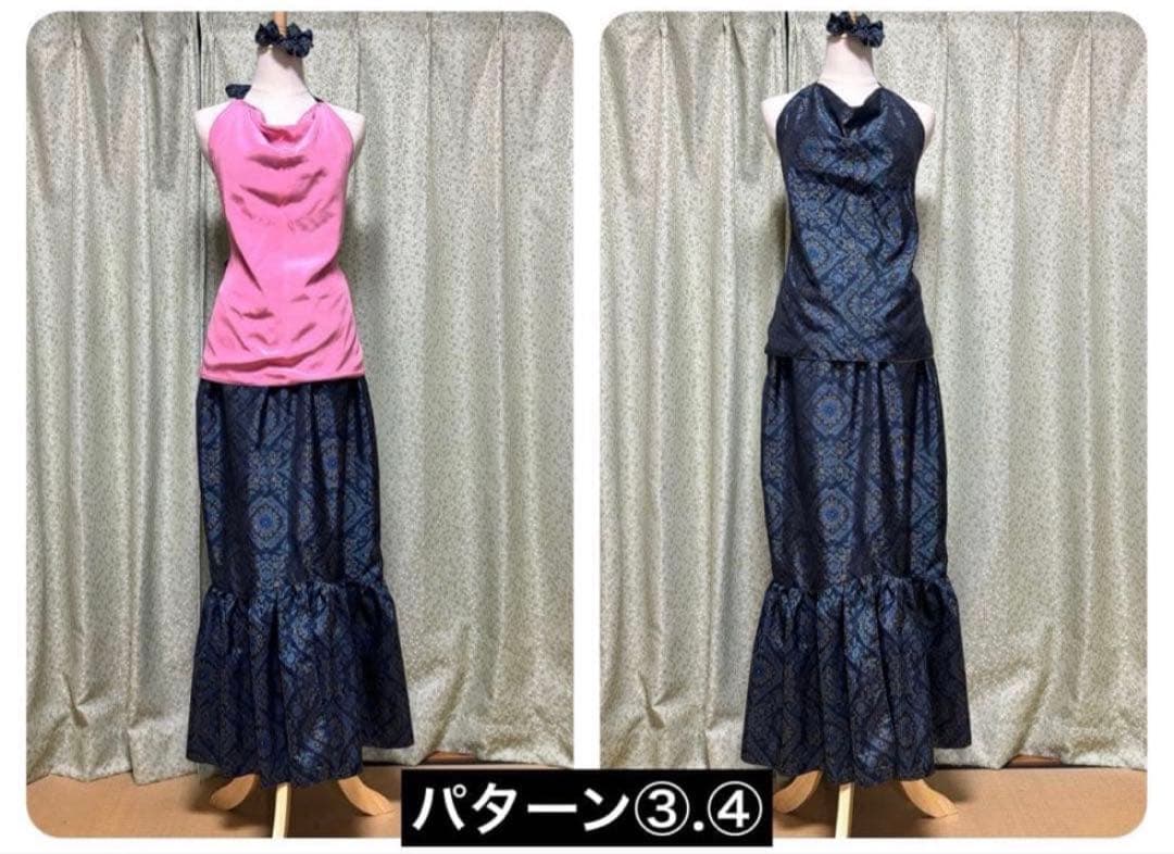 美　大島紬　着物リメイクドレス　マキシ丈　ドレープマーメイド　ダンス衣装　４点