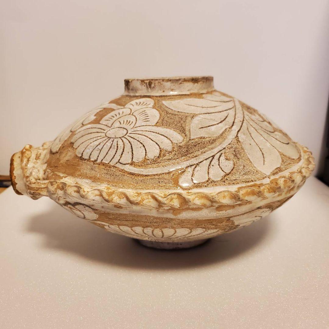 中国古玩　磁州窯　双耳扁壺　時代物唐物