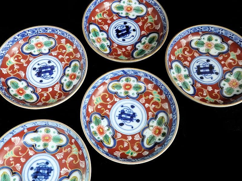 大聖寺伊万里　色絵　窓絵　菊に唐草の図　４寸皿　５客　A136A-CBe
