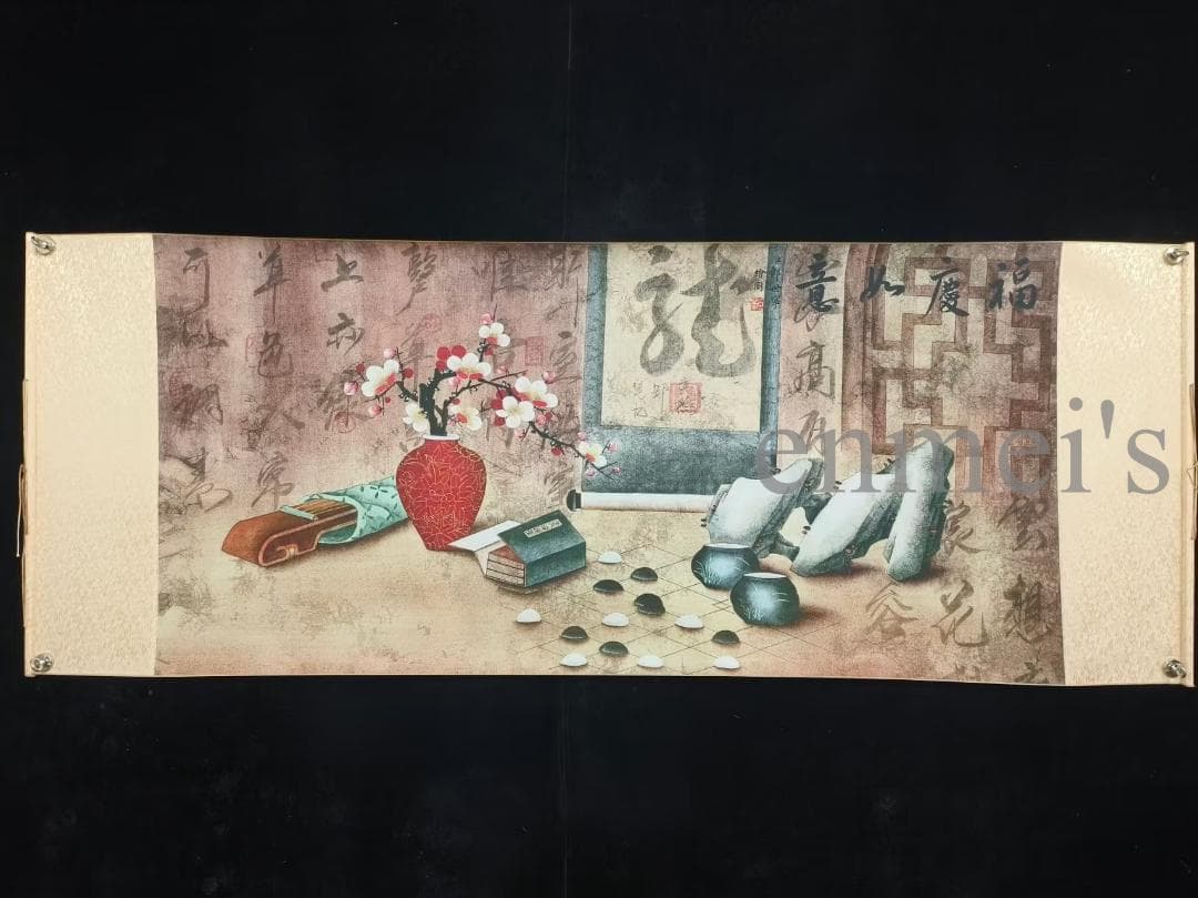 中国古美術 清時代 郎世寧作款 福慶如意図 横幅 宣紙 手描き 掛け軸 水墨画