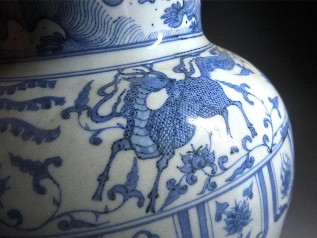 時代物 九谷焼 九谷万年窯 染付花瓶 元染写 古陶磁 高約28cm t97019