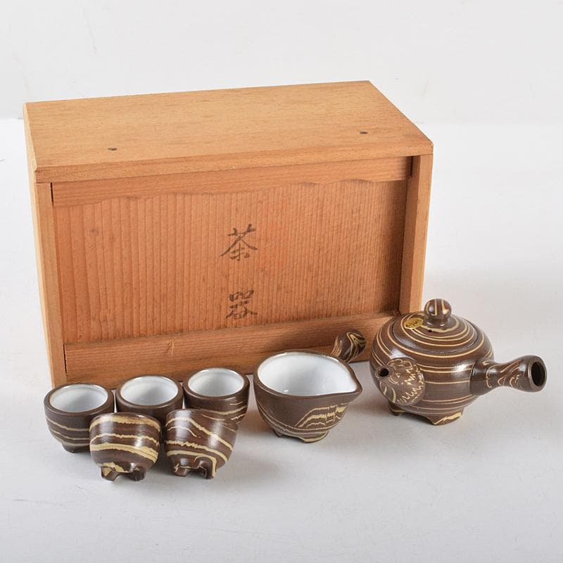 常滑　伸康焼　練込　ミニチュア茶器揃　桐箱　V　R5401