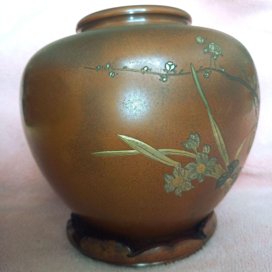 有美 刻 壺 花瓶 梅 牡丹 百合 薔薇 水仙 金属工芸 骨董品 古美術