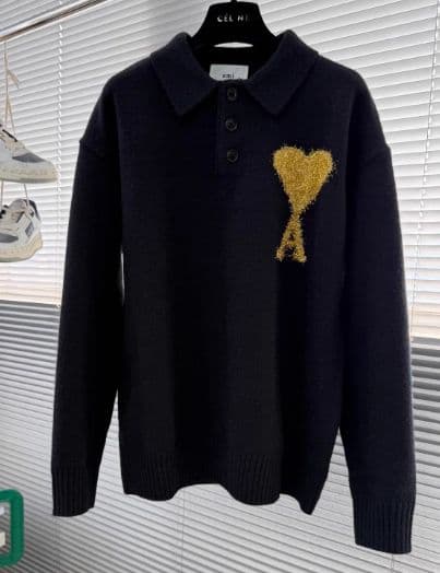 Ami Paris 黒 ポロシャツ 長袖 金色刺繍 セーター M