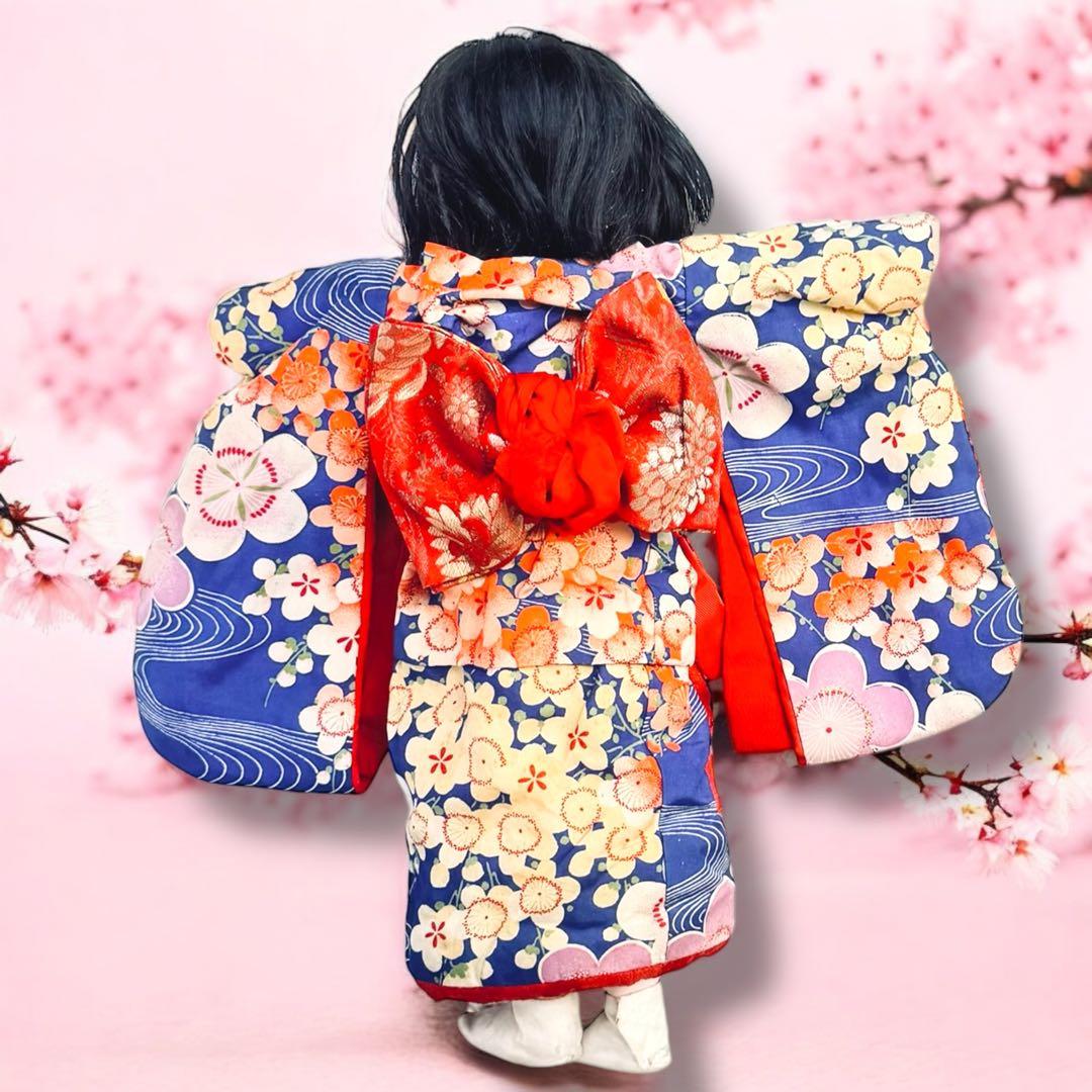 市松人形 明治期 1868年〜 三つ折れ ふいご 山桜 青縮緬着物 花柄 着物
