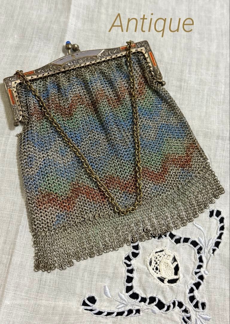ヨーロッパ製 Antique メタルチェーンメッシュパース エナメル装飾