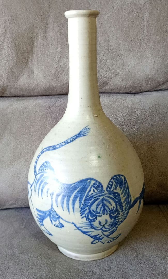 古伊万里　古染付 竹虎図 鶴首徳利　 花器 一輪挿し 時代物