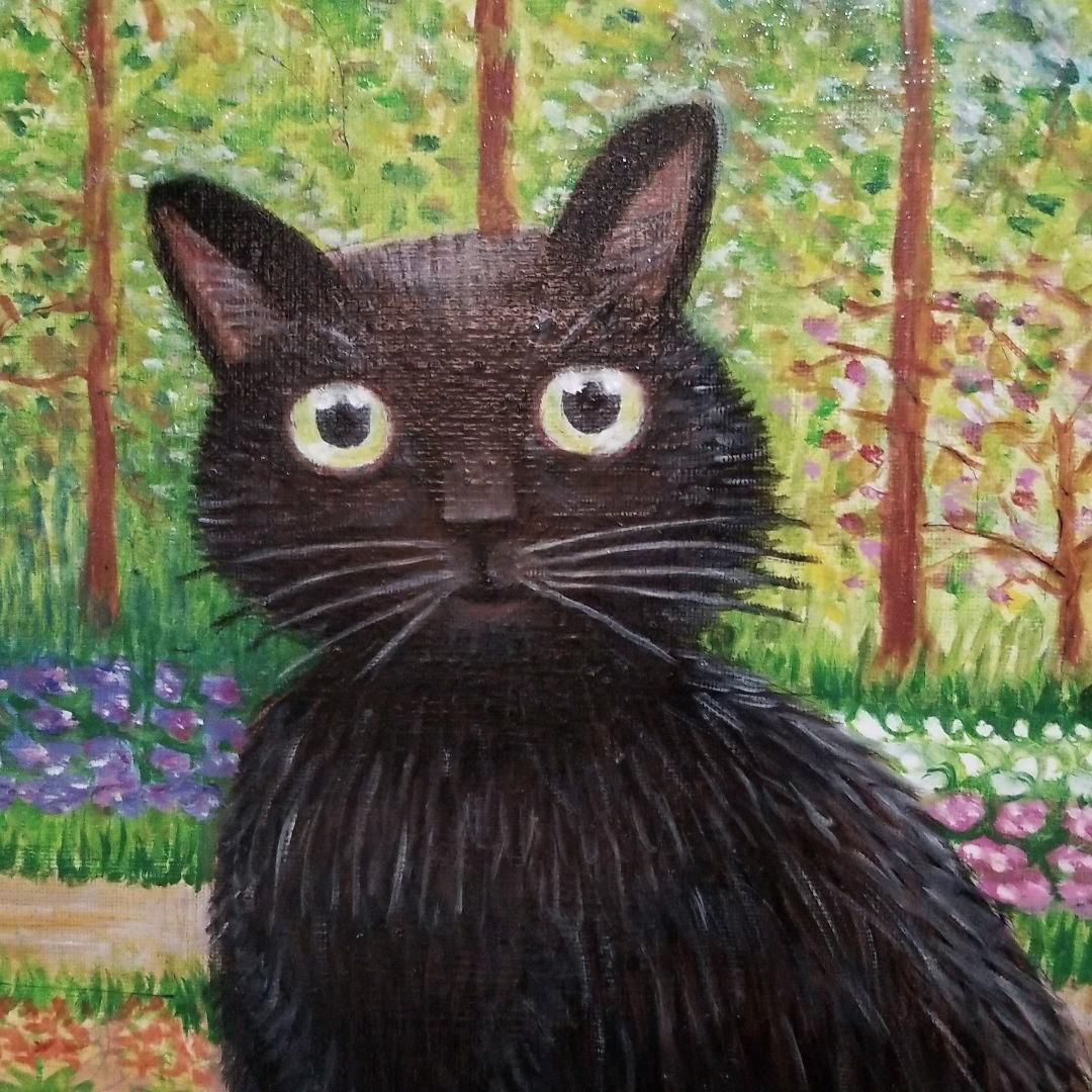 油絵　専用　切り株の上の黒猫
